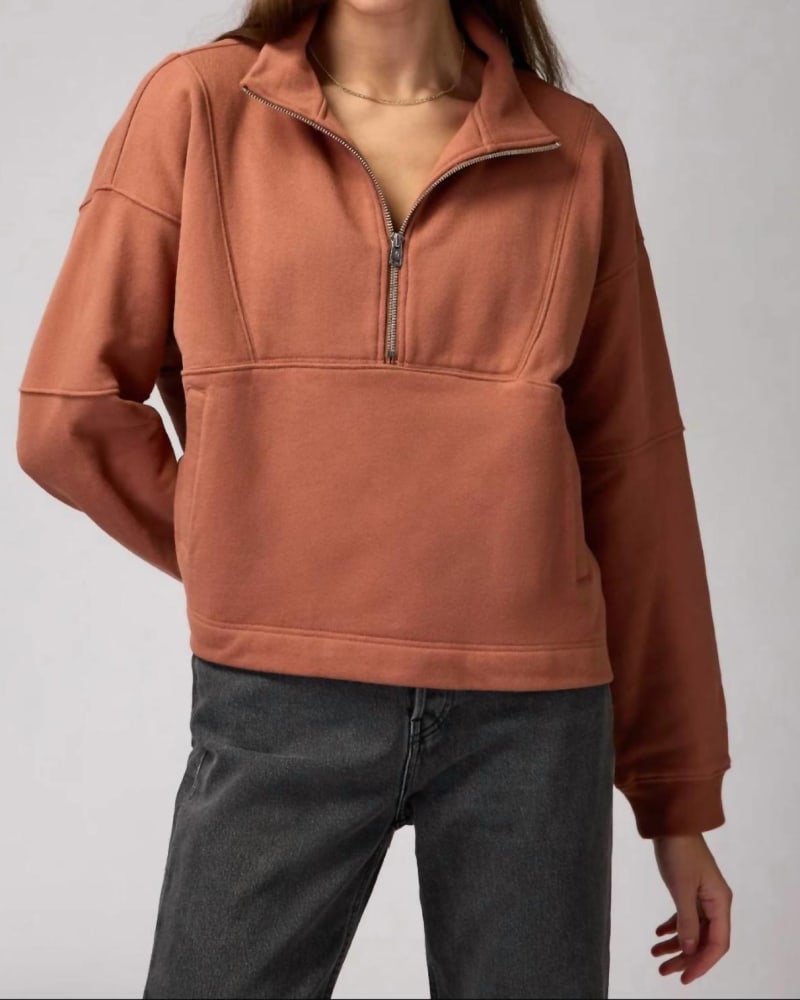 Front of a model wearing a size L Shay Half Zip Sweater in Deep Rust in Deep Rust by SPIRITUAL GANGSTER. | dia_product_style_image_id:336722